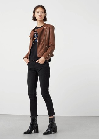 Brown Biker Jacket with Crew-neck Sweater Outfits For Women: 
