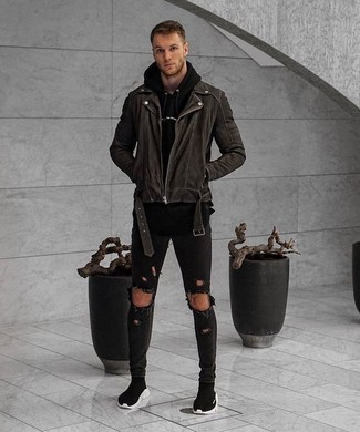Black Biker Jacket with Hoodie Outfits For Men: 