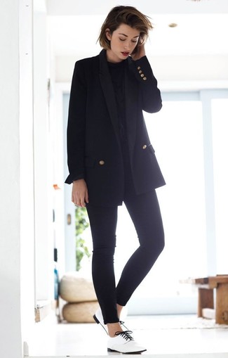 Black Long Sleeve Blouse with Skinny Jeans Outfits: 
