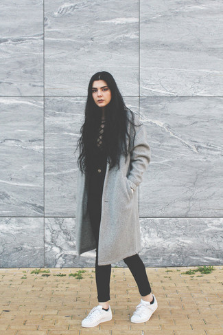 Grey Coat with Long Sleeve T-shirt Outfits For Women: 