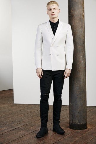 White Double Breasted Blazer Casual Outfits For Men: 