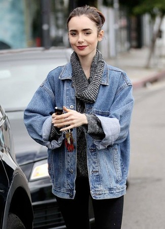Lily Collins wearing Black Skinny Jeans, Charcoal Cowl-neck Sweater, Blue Denim Jacket