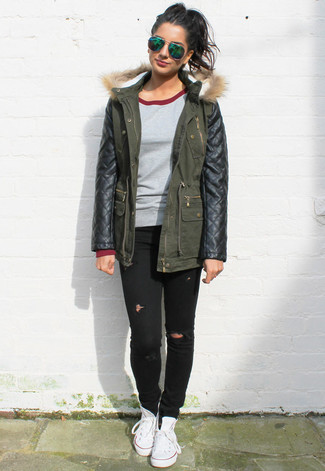 Dark Green Leather Parka Outfits For Women: 