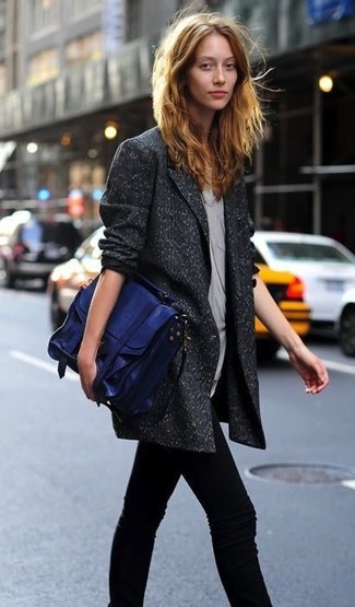Women's Blue Leather Satchel Bag, Black Skinny Jeans, Grey Sleeveless Top, Charcoal Wool Double Breasted Blazer