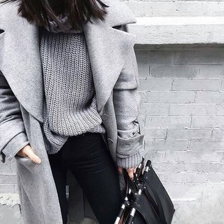 Women's Black Leather Tote Bag, Black Skinny Jeans, Grey Knit Turtleneck, Grey Coat