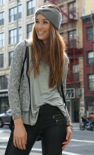 Women's Grey Knit Headband, Black Leather Skinny Jeans, Grey V-neck T-shirt, Grey Hoodie