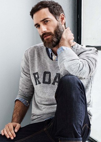 Grey Print Crew-neck Sweater Outfits For Men: 