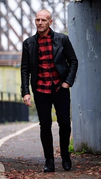 Red and Black Check Long Sleeve Shirt Outfits For Men: 