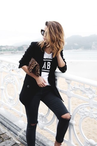 Women's Brown Leopard Suede Clutch, Black Ripped Skinny Jeans, White and Black Print Crew-neck T-shirt, Black Blazer
