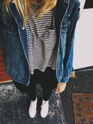 Women's White Canvas Low Top Sneakers, Black Skinny Jeans, White and Black Horizontal Striped Crew-neck T-shirt, Navy Denim Jacket