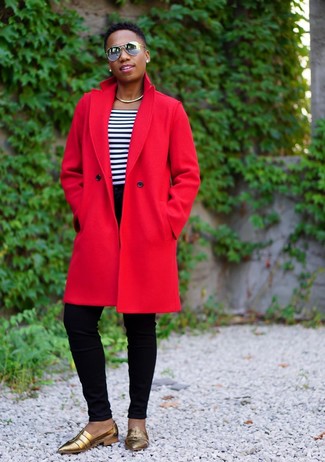 Women's Gold Leather Loafers, Black Skinny Jeans, White and Navy Horizontal Striped Crew-neck T-shirt, Red Coat