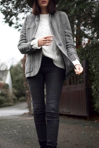 Women's Charcoal Wool Hat, Black Skinny Jeans, White Cable Sweater, Grey Tweed Jacket