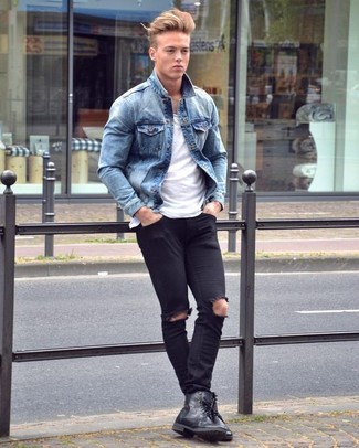 Blue Denim Jacket with Black Leather Casual Boots Casual Outfits For Men: 