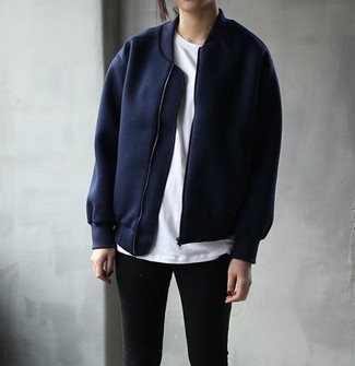 Navy Bomber Jacket Outfits For Women: 