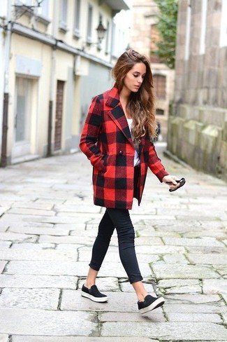 Women's Black Suede Slip-on Sneakers, Black Skinny Jeans, White Crew-neck T-shirt, Red and Black Check Coat