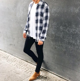 Men's Tan Suede Chelsea Boots, Black Skinny Jeans, White Crew-neck T-shirt, White and Navy Plaid Long Sleeve Shirt
