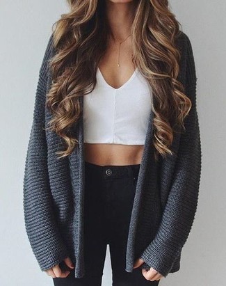 Women's Black Skinny Jeans, White Cropped Top, Charcoal Knit Open Cardigan