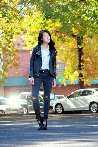 Women's Black Leather Ankle Boots, Black Ripped Skinny Jeans, White Dress Shirt, Black Leather Biker Jacket