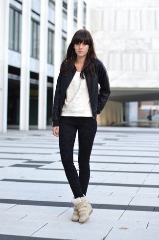 Black Quilted Leather Bomber Jacket Outfits For Women: 