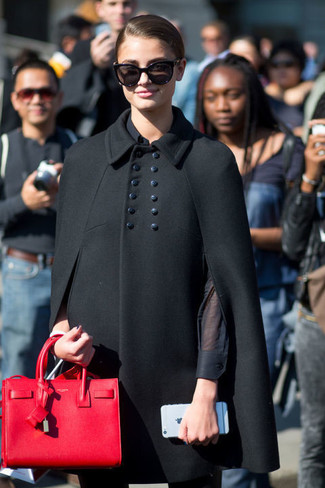 Women's Red Leather Tote Bag, Black Skinny Pants, Black Dress Shirt, Black Cape Coat
