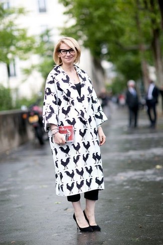 White and Black Print Coat Outfits For Women: 