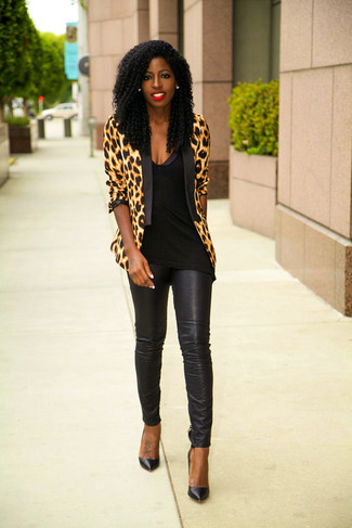 Women's Black Leather Pumps, Black Leather Skinny Pants, Black Sleeveless Top, Tan Leopard Blazer