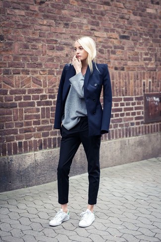 Blue Double Breasted Blazer Outfits For Women: 