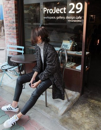 Women's White and Black Leather Low Top Sneakers, Black Leather Skinny Pants, Grey Turtleneck, Charcoal Coat