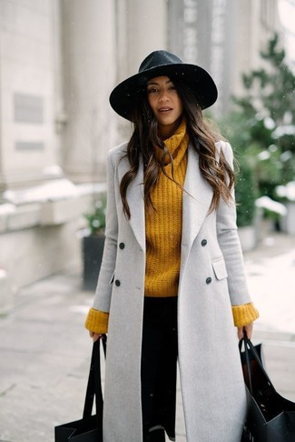 Women's Black Wool Hat, Black Skinny Pants, Mustard Knit Turtleneck, Grey Coat