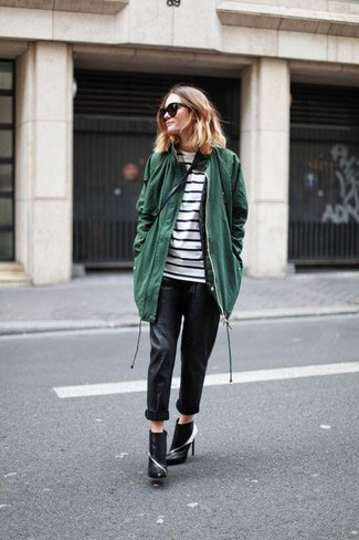 Women's Black and White Leather Ankle Boots, Black Leather Skinny Pants, White and Black Horizontal Striped Long Sleeve T-shirt, Dark Green Parka