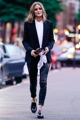Women's Black Leather Tassel Loafers, Black Leather Skinny Pants, White Button Down Blouse, Black Blazer