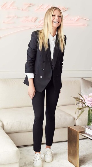 Black Skinny Pants with Double Breasted Blazer Outfits: 