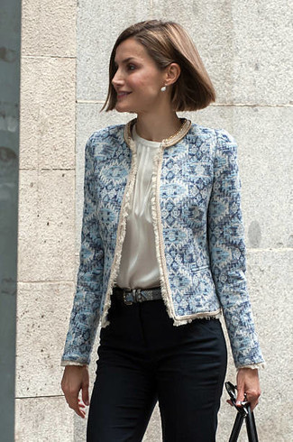 Queen Letizia of Spain wearing Black Skinny Pants, White Silk Sleeveless Top, Light Blue Tweed Jacket