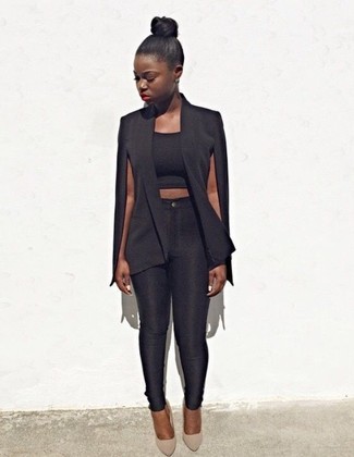 Women's Black Sleeveless Blazer, Black Cropped Top, Black Skinny Pants, Beige Suede Pumps