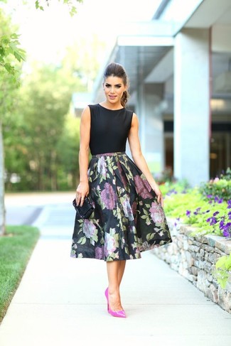 Women's Black Sleeveless Top, Black Floral Full Skirt, Hot Pink Leather Pumps, Black Leather Clutch