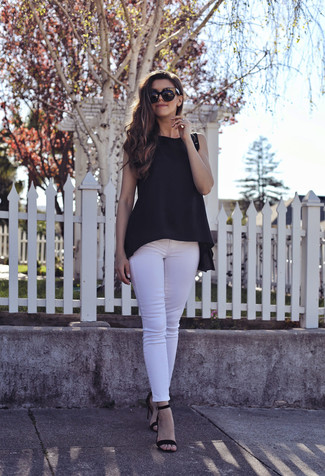 Women's Black Sleeveless Top, White Skinny Jeans, Black Leather Heeled Sandals