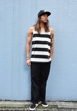 White and Black Horizontal Striped Tank Outfits For Men: 