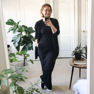 Women's Black Slip-on Sneakers, Black Maxi Dress, Black Open Cardigan