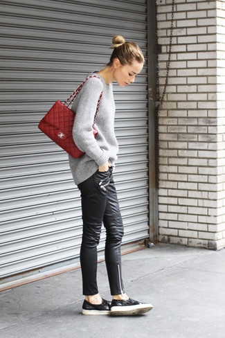 Black Leather Slip-on Sneakers Outfits For Women: 