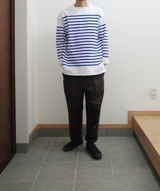 Brown Chinos with White and Black Horizontal Striped Long Sleeve T-Shirt Casual Outfits: 