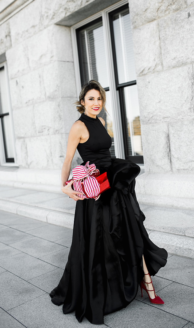 Women's Black Slit Satin Evening Dress, Red Suede Pumps | Lookastic
