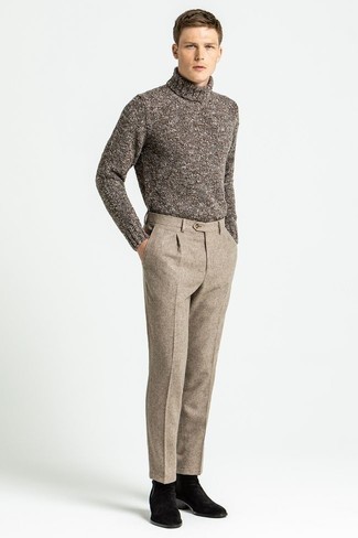 Dark Brown Knit Turtleneck Outfits For Men: 