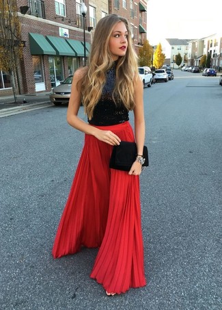 Red Pleated Maxi Skirt Outfits: 