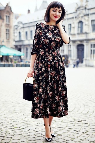 Black Floral Midi Dress Dressy Outfits: 
