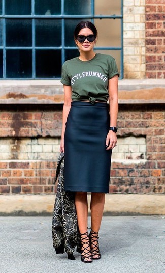 Women's Black Suede Heeled Sandals, Navy Pencil Skirt, Dark Green Print Crew-neck T-shirt