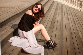 Women's Black Suede Heeled Sandals, Pink Silk Maxi Skirt, Black Long Sleeve Blouse