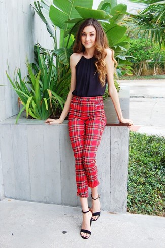 Red Plaid Skinny Pants Outfits: 