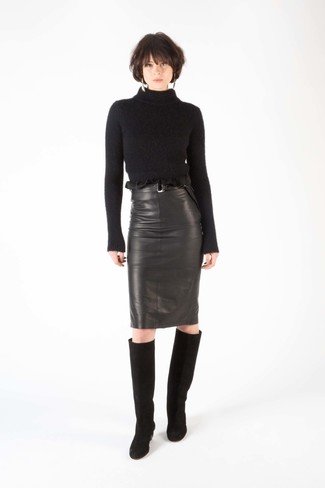Women's Black Suede Knee High Boots, Black Leather Pencil Skirt, Black Wool Turtleneck