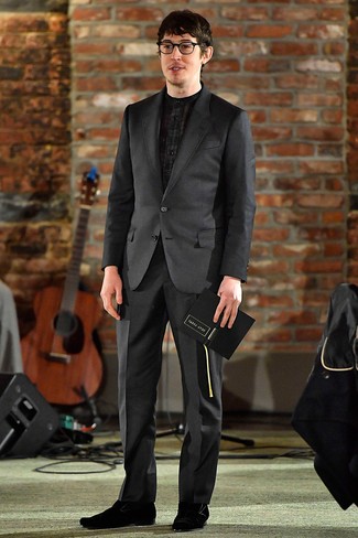 Men's Black Suede Loafers, Black Plaid Dress Shirt, Black Suit