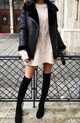 Black Suede Over The Knee Boots Outfits: 